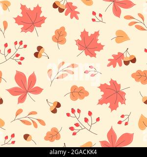 Autumn seamless pattern of orange leaves, acorns and branches Stock Vector