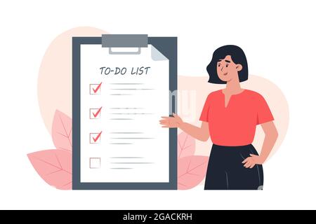 To-do list, young woman puts check marks in front of completed tasks Stock Vector