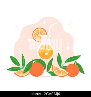 Cold drink, oranges and leaves in flat style Stock Vector