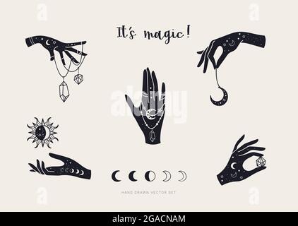 Set of magic hands with crystals and celestial symbols, trendy doodle art Stock Vector