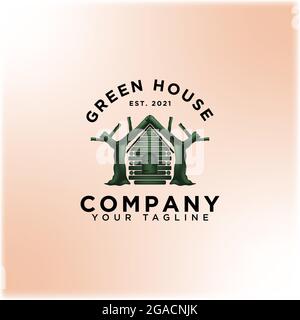 Greenhouse logo design vector. Green leaf illustration symbol. Home and leaf vector icons Stock Vector