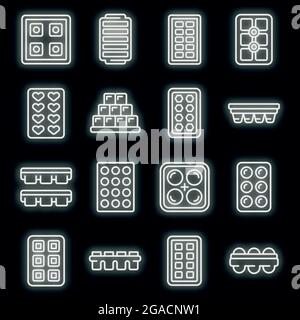 Ice cube trays icons set. Outline set of ice cube trays vector icons neon color on black Stock Vector