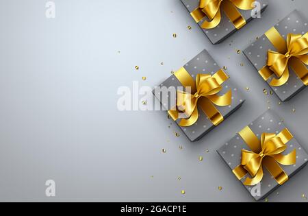 Gift boxes vector background design. Gifts with gold ribbon and confetti elegant elements in empty blank space for birthday, anniversary and holiday. Stock Vector