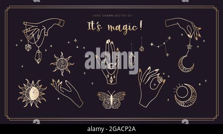 Set of magic hands with crystals and celestial symbols, trendy doodle art Stock Vector