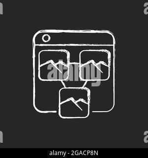Photo sharing platforms chalk white icon on dark background. Media storage site. Archiving photos in cloud. Uploading images online. Sending pictures. Stock Vector