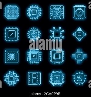 Processor icons set. Outline set of processor vector icons neon color on black Stock Vector