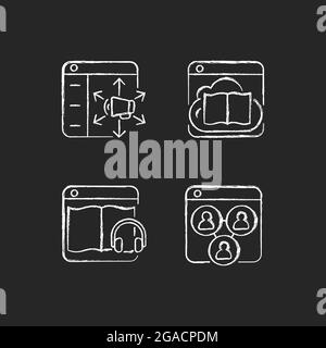 Launching online services chalk white icons set on dark background Stock Vector