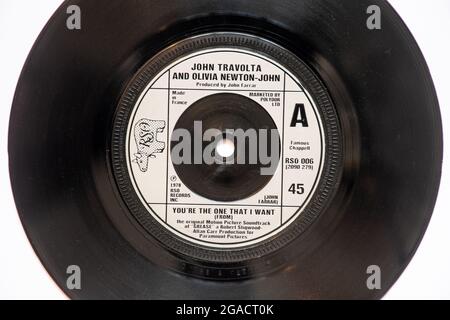 You're the One that I Want by John Travolta and Olivia Newton-John, a stock photo of the 7' single vinyl 45 rpm record in cover Stock Photo