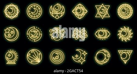 Moon icons set. Outline set of moon vector icons neon color on black Stock Vector