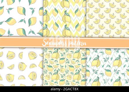 A set of seamless patterns is a collection of whole and sliced lemons with leaves. vector illustration on a white background. Stock Vector