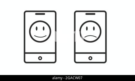 Smartphone set with happy and sad faces. Vector isolated editable black and white illustration Stock Vector