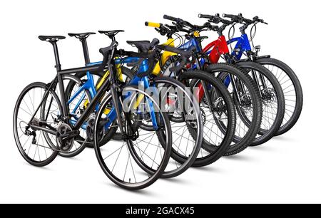 Beugel Ampère oplichterij row of various modern bicycle and e bike isolated on white background.  racing road cycle mountain bike online shop business concept Stock Photo -  Alamy
