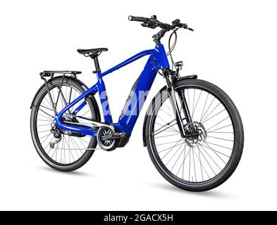 blue modern mens mid drive motor city touring or trekking e bike pedelec with electric engine middle mount. battery powered ebike isolated on white ba Stock Photo