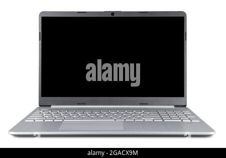 modern open silver metal laptop notebook computer  with copy space blank screen isolated on white background.  business smart technology concept Stock Photo