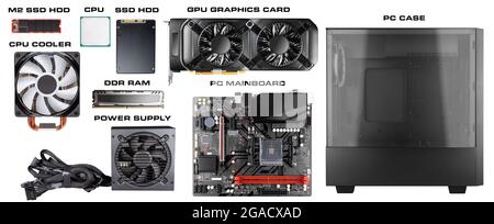 All parts and components for modern desktop computer. Mainboard power supply RAM M2 SSD hard disk CPU fan cooler graphics card and midi tower pc case Stock Photo