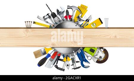 various hand working tools and buzz saw blade behind wooden plank with copy space isolated on white background. DIY hardware store equipment so it you Stock Photo