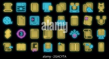 Scenario icons set. Outline set of scenario vector icons neon color on black Stock Vector