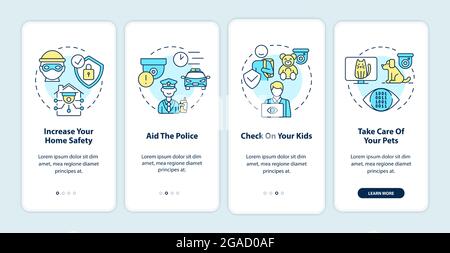 Home security systems onboarding mobile app page screen Stock Vector