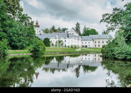 Velke Losiny Castle in Czech spa town,East Bohemia,Jeseniky Mountains,Czech Republic.Romantic Renaissance chateau with sgraffito decoration Stock Photo