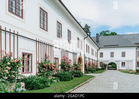 Velke Losiny, Czech Republic-July 12,2021. Castle in Czech spa town,East Bohemia,Jeseniky Mountains.Romantic Renaissance chateau with sgraffito Stock Photo