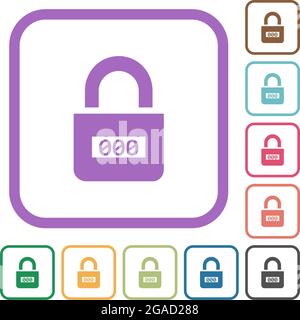 Locked combination lock with center numbers simple icons in color rounded square frames on white background Stock Vector