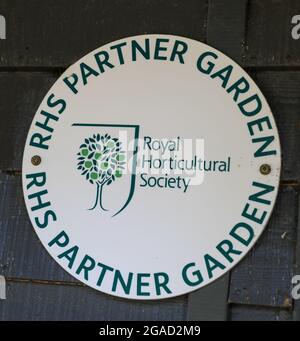 Sign for 'RHS Partner Garden', by the Royal Horticultural Society, RHS, England, UK Stock Photo
