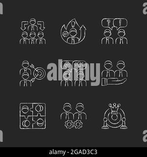 Team working chalk white icons set on dark background. Business cooperation. Collective communication. Coworkers interaction and cohesion. Isolated ve Stock Vector