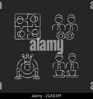 Office members interaction chalk white icons set on dark background. Approach goal together. Employees meetings and team building. Business activity. Stock Vector