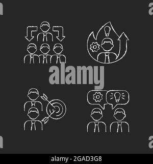 Working together chalk white icons set on dark background. Office members coordination. Brainstorming. Group meetings and communication. Coworking. Is Stock Vector