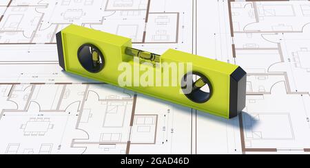 Level instrument on construction building blueprints background. Spirit bubble level, hand tool equipment for accuracy.  3d illustration Stock Photo