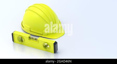 Construction hardhat and spirit bubble level. Yellow color project site equipment  isolated on white background.  Copy space, template. 3d illustratio Stock Photo