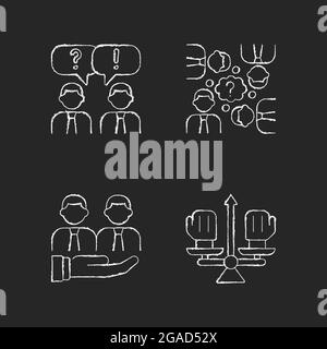 Collective work chalk white icons set on dark background. Office communication and support. Conflict management. Resolving team conflicts. Isolated ve Stock Vector
