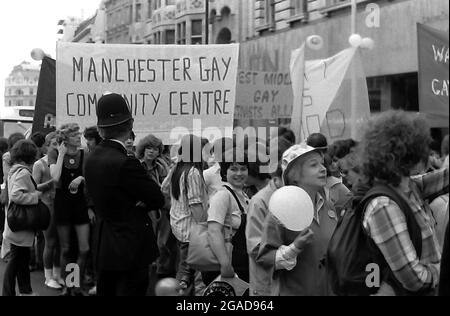 Attendees of the march and rally at Hyde Park, London, England, UK, 1979 Gay Pride, which had the theme: 'Stonewall 69 Gay Pride 79' Stock Photo