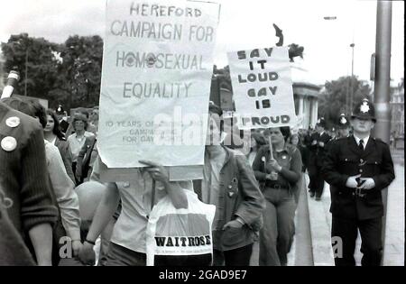 Attendees of the march and rally at Hyde Park, London, England, UK, 1979 Gay Pride, which had the theme: 'Stonewall 69 Gay Pride 79', t Stock Photo