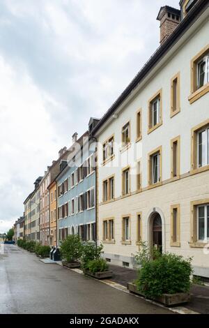 La-Chaux-de-Fonds, Switzerland - July 7th 2021: Typical colourful facades in the city centre  Stock Photo