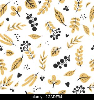 Autumn leaves and berries. Black and yellow elements on white background. Vector hand drawn seamless pattern Stock Vector