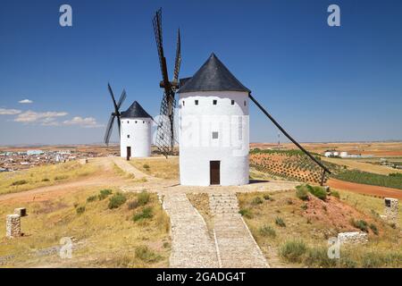 Windmills on Hilltop of Cerro de San Anton in Alcazar de San Juan, Ciudad Real, Spain. Stock Photo