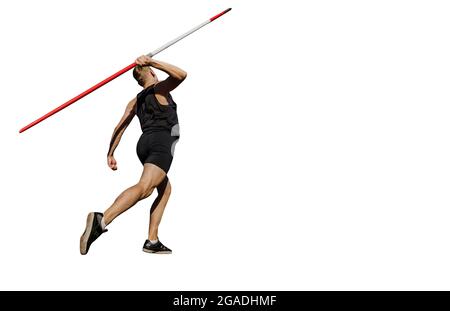 male thrower javelin throw isolated on white background Stock Photo