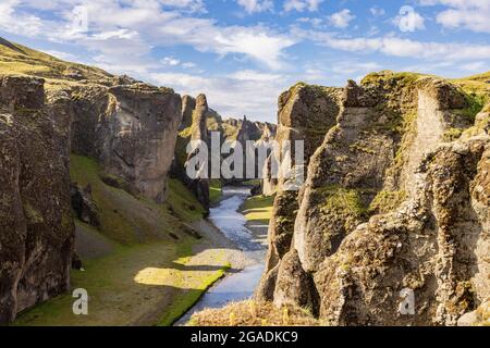 fjadrargljufur is a twisting and narrow canyon with sheer walls a spectacular scene on a sunny day with light clouds Stock Photo