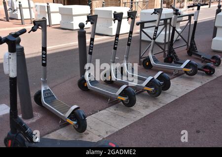 Marseille, France. 10th July, 2021. Electric scooters parked on Rue Henri Tasso in Marseille. (Credit Image: © Gerard Bottino/SOPA Images via ZUMA Press Wire) Stock Photo