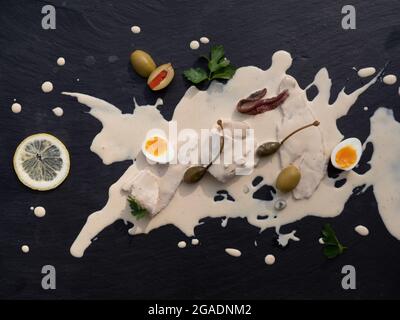 Vitello Tonnato, Veal in Tuna Sauce, Top View, a Dish from the Piedmontese Cuisine Stock Photo