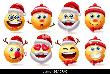 Christmas 3d smiley characters vector set. Christmas character like santa claus, snowman and emoji isolated In white background for xmas smileys. Stock Vector