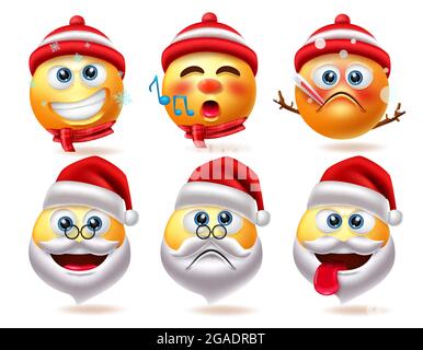 Christmas smiley characters vector set. Snowman and santa claus 3d emoji character in sick, singing, sad and naughty facial expressions for cute xmas. Stock Vector