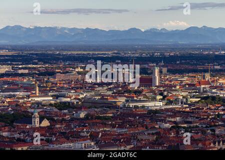 View of Munich from the Olympic Tower's observation platform towards the Alps. Stock Photo