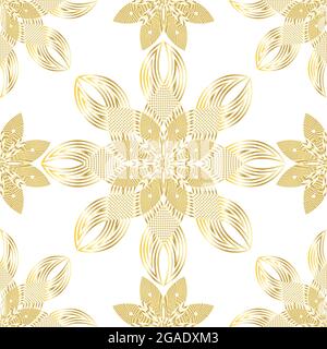 kaleidoscopic, abstract, damask, floral pattern drawing in golden yellow color. Vector illustration Stock Vector