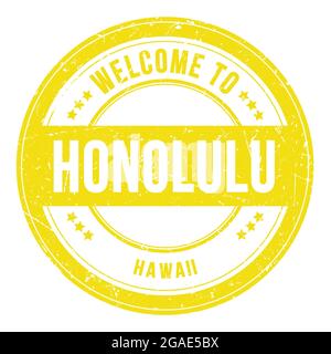 WELCOME TO HONOLULU - HAWAII, words written on yellow round coin stamp Stock Photo