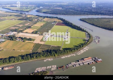 Aerial View of Fraser River and Farms in Pitt Meadows Stock Photo