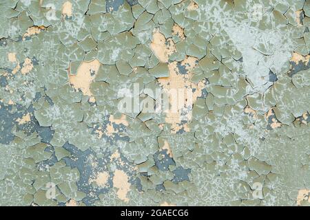 Concrete wall painted with gray-green paint, badly cracked old paint on metal. Stock Photo