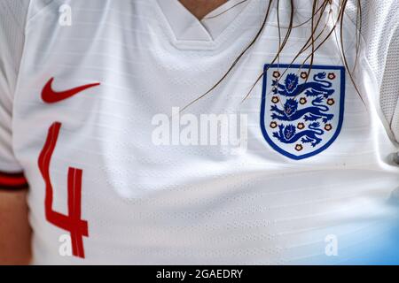 The England badge is seen during the Women’s Under-19 International Friendly game between England and Czech Republic at New Bucks Head Stadium in Telford. Stock Photo
