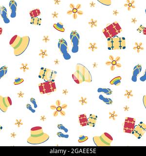 Luxury vector travel seamless pattern background. Suitcases, flip flops, cowrie shells, suitcases backdrop. Gold purple repeat with vacation icons Stock Vector
